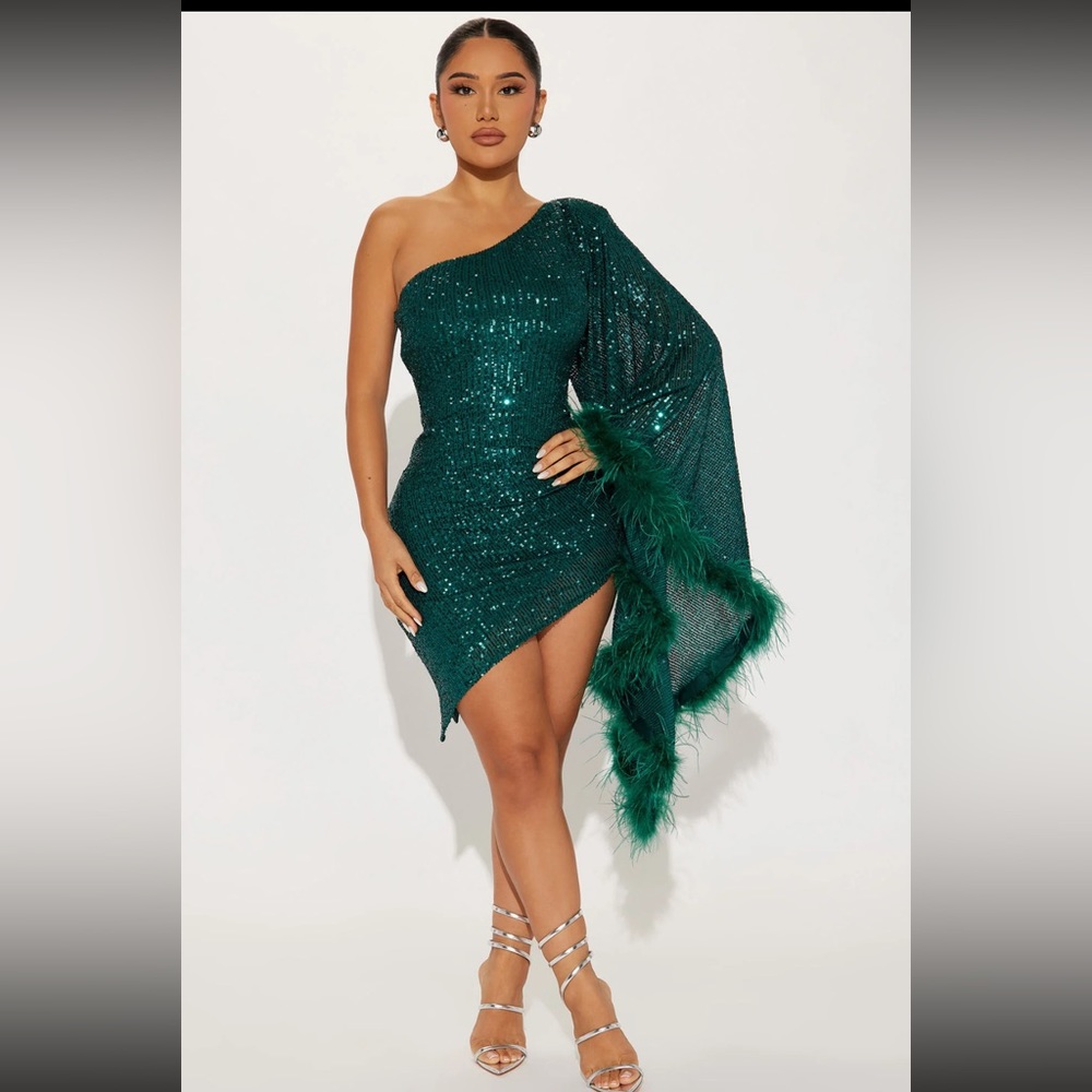 All the Glam Feathered Dress- Hunter